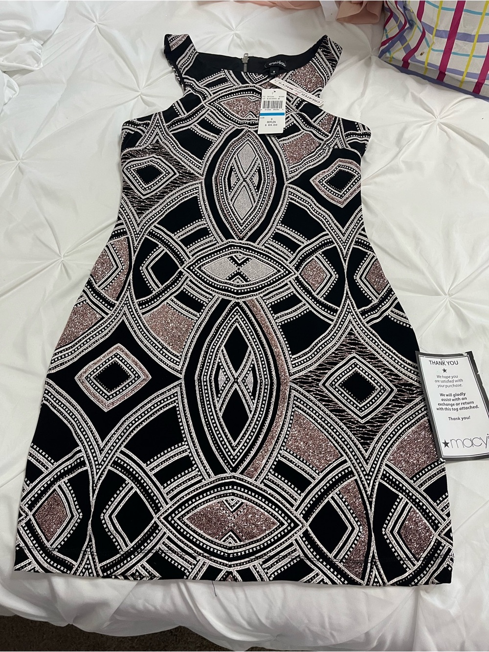 Macy's Black Dress with Rose Geometric Accents